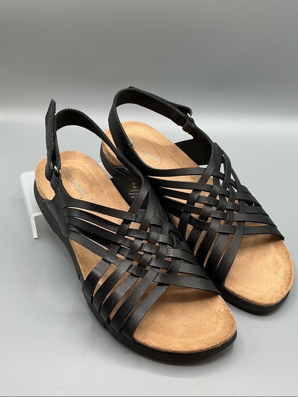 Easy Spirit Black Mar Woven Slingback Sandals with Tan Footbed, size 8